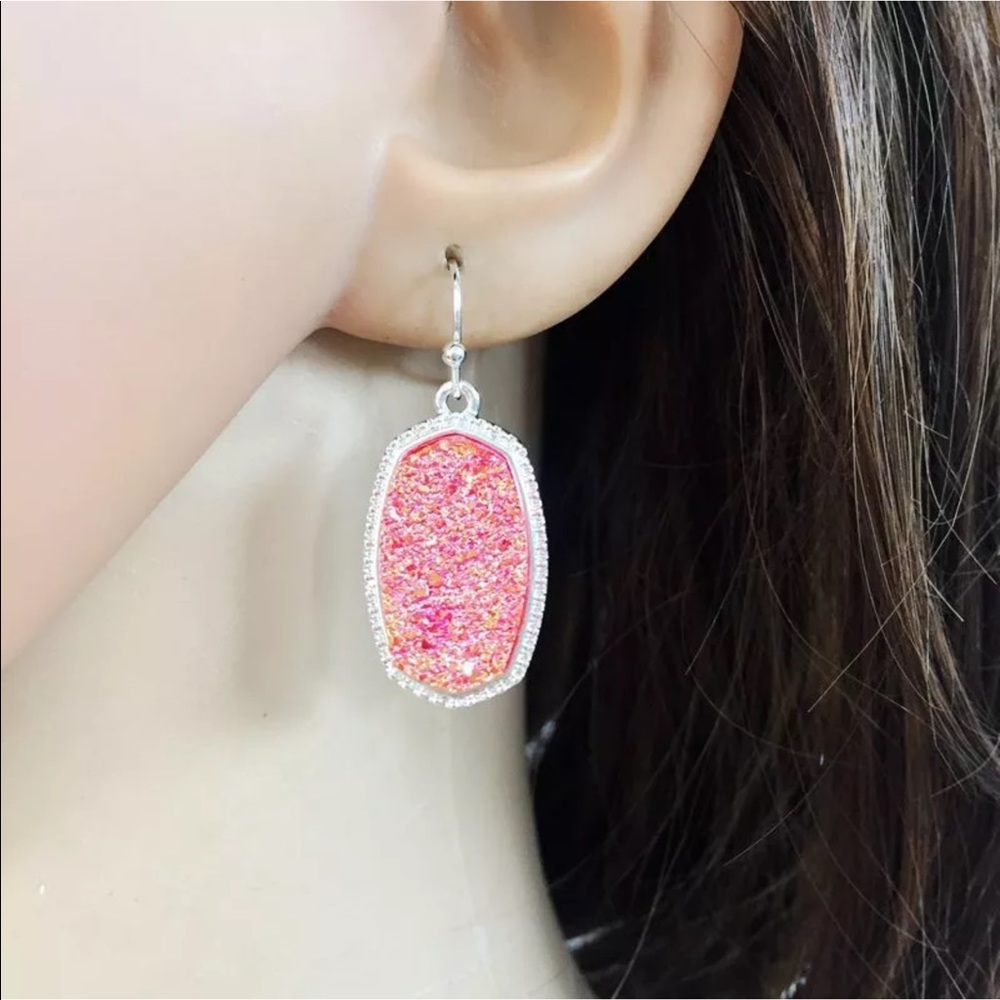 Silver plated/pink Druzy Drop stone earrings new - Picture 2 of 5